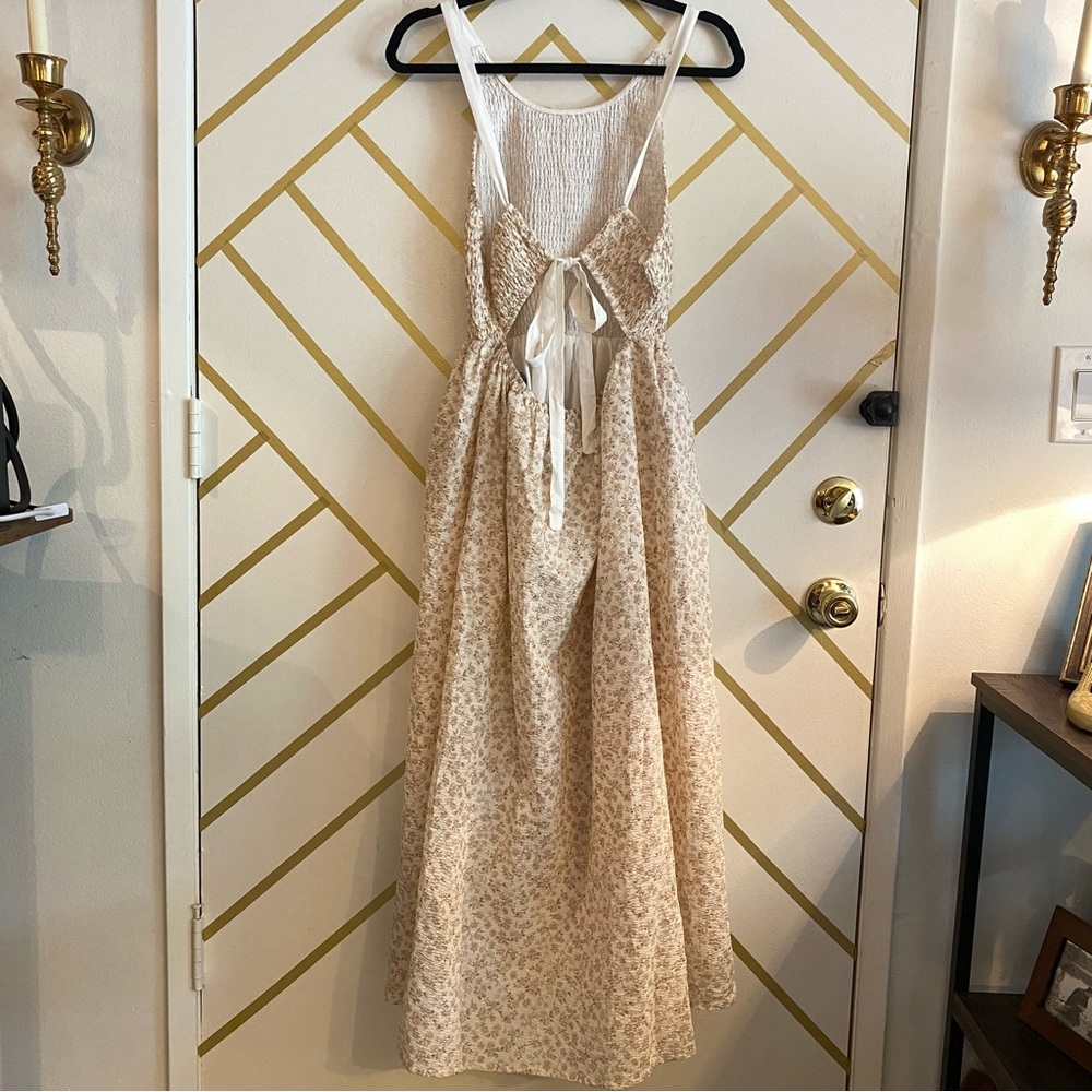 Cream Floral En Saison Backless Ribbon Tie Shirred Summer Dress NWT